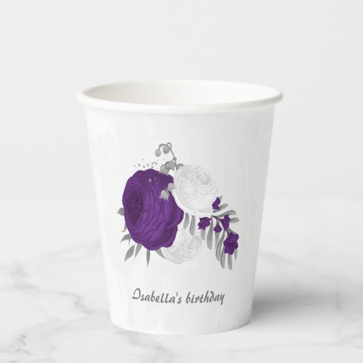 Gobelets En Papier fleurs royales violettes et blanches argent (Recto)