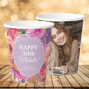 Gobelets En Papier Fleurs sauvages roses violettes Photo pour 30 ans