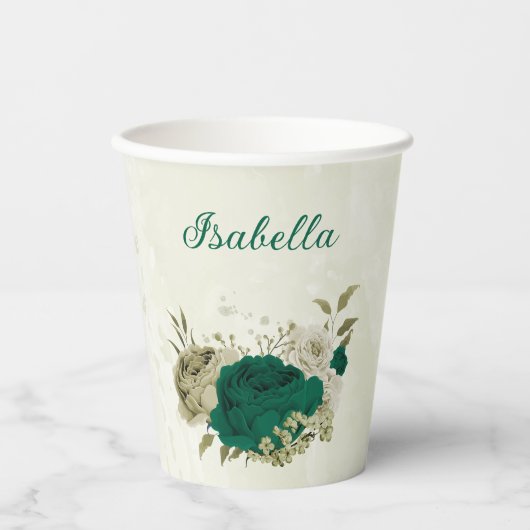 Gobelets En Papier fleurs vert émeraude beige (Recto)