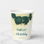 Gobelets En Papier fleurs vert émeraude et feuilles dorées  (Recto)