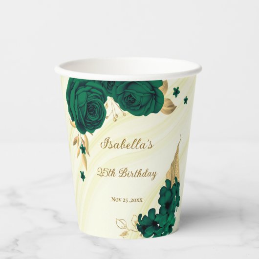 Gobelets En Papier fleurs vert émeraude feuilles dorées marbre (Recto)