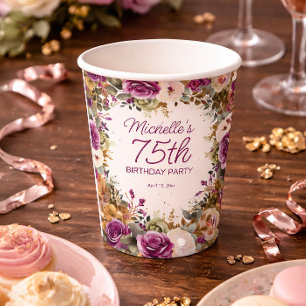 Gobelets En Papier Fleurs Vertes Florales Violettes 75e Anniversaire