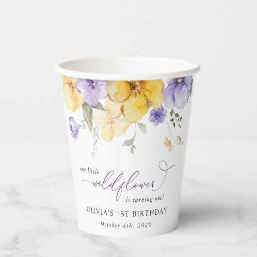Gobelets En Papier Fleurs violettes, Fleurs Jaunes, Premier Anniversa (Recto)