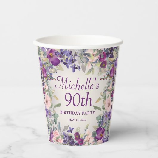 Gobelets En Papier Fleurs violettes rose pâle 90e anniversaire (Recto)
