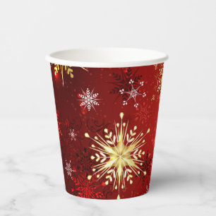 Gobelets En Papier Flocons de neige dorés de Noël sur fond rouge