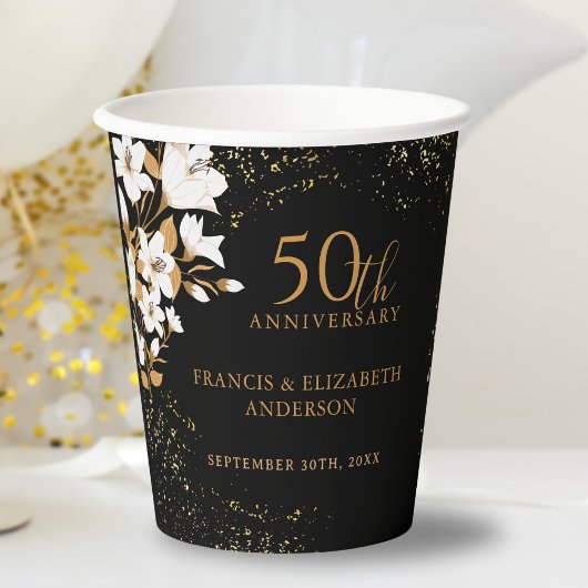 Gobelets En Papier Floral Black Gold 50e anniversaire Mariage