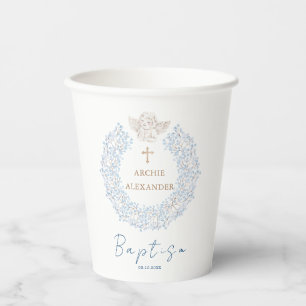 Gobelets En Papier Floral Blue Baby Angel Croix Baptême