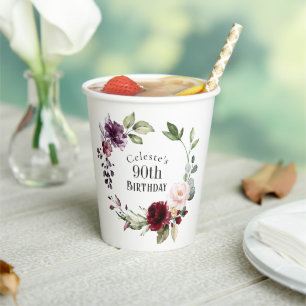 Gobelets En Papier Floral coloré Elégant 90e anniversaire
