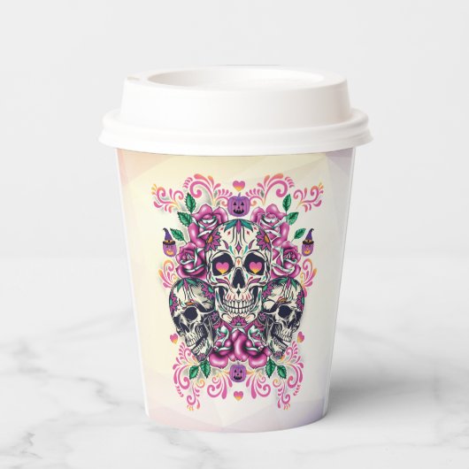 Gobelets En Papier Floral crâne, rose pastel, Halloween (Verso)