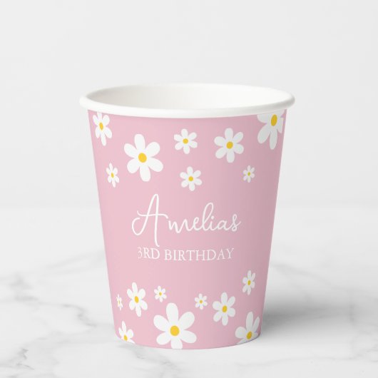 Gobelets En Papier Floral Daisy Anniversaire Coupe de papier rose (Recto)