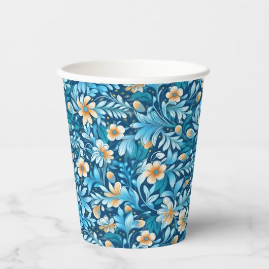 Gobelets En Papier Floral orange bleu rustique (Recto)
