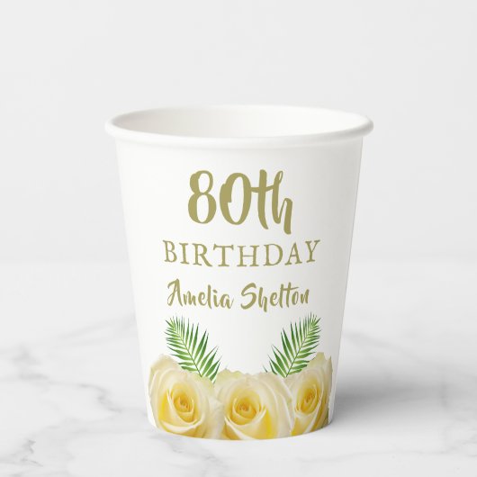 Gobelets En Papier Floral Roses Jaunes 80e fête d'anniversaire (Verso)