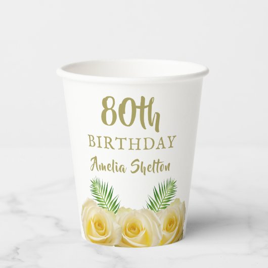 Gobelets En Papier Floral Roses Jaunes 80e fête d'anniversaire (Recto)