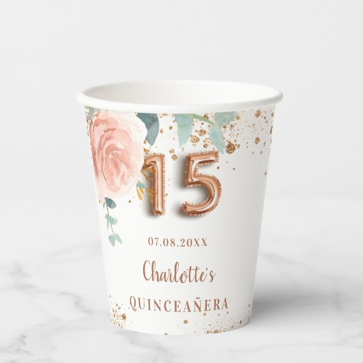 Gobelets En Papier Floraux d'or rose Quinceanera parties scintillant  (Recto)