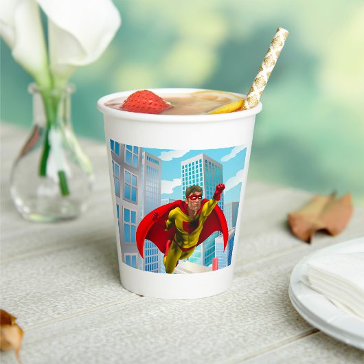 Gobelets En Papier Flying Superhero Comic Style rouge et jaune héros
