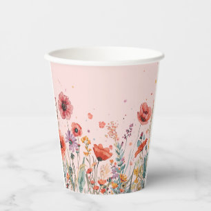 Gobelets En Papier Fond rose poudré avec des pavots et des fleurs sau