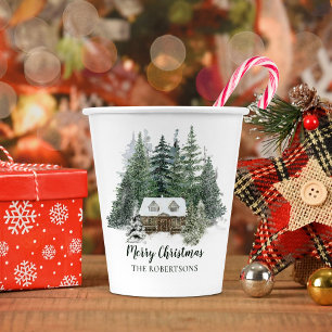 Gobelets En Papier Forêt d'hiver Russe Noël Cabine de bois
