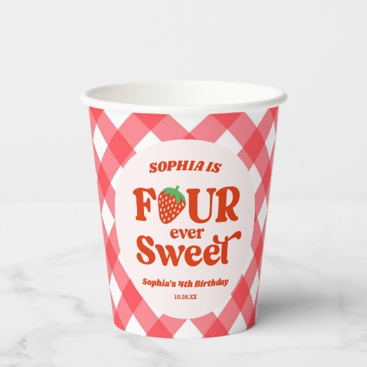 Gobelets En Papier Four Ever Sweet Strawberry 4e fête d'anniversaire (Verso)