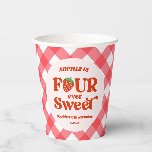 Gobelets En Papier Four Ever Sweet Strawberry 4e fête d'anniversaire (Recto)