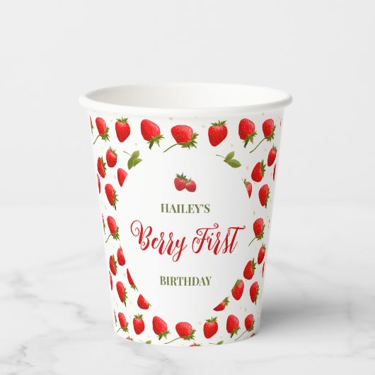 Gobelets En Papier Fraise Berry Première fête d'anniversaire (Recto)