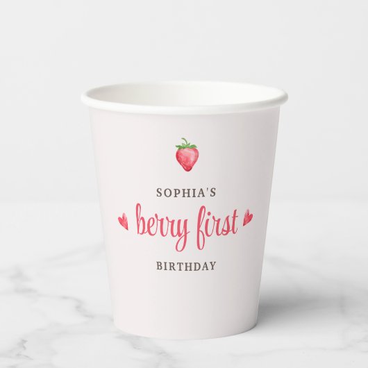 Gobelets En Papier Fraise d'aquarelle Berry Premier anniversaire (Verso)
