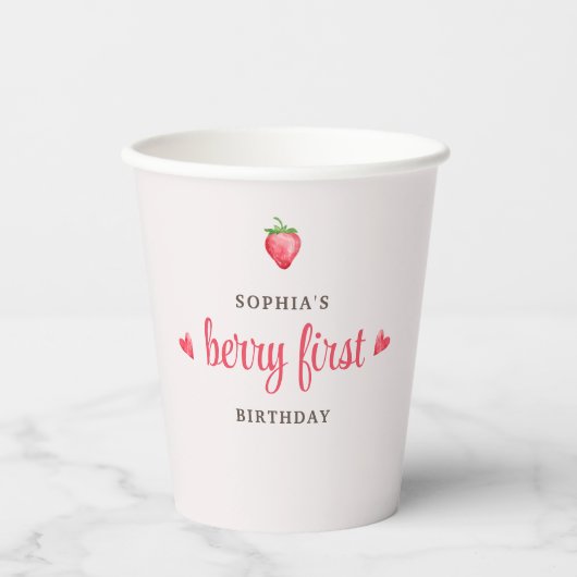 Gobelets En Papier Fraise d'aquarelle Berry Premier anniversaire (Recto)
