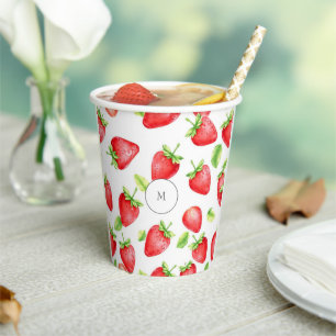 Gobelets En Papier Fraises d'aquarelle moderne été monogrammé