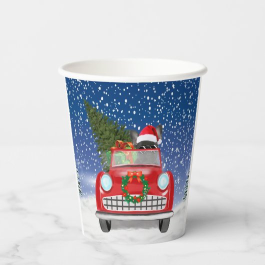 Gobelets En Papier Français Bulldog Driving Car En Noël De Neige (Verso)