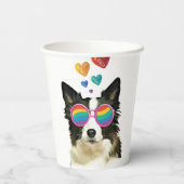 Gobelets En Papier Frontière Collie Chien avec Coeurs Saint-Valentin (Verso)