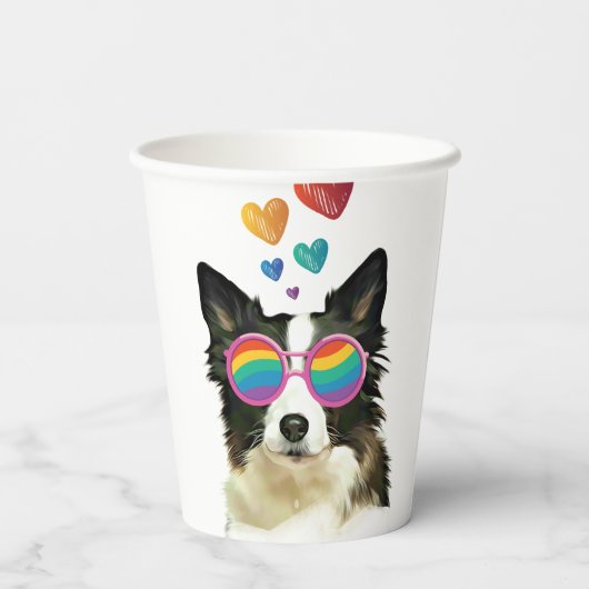 Gobelets En Papier Frontière Collie Chien avec Coeurs Saint-Valentin (Verso)