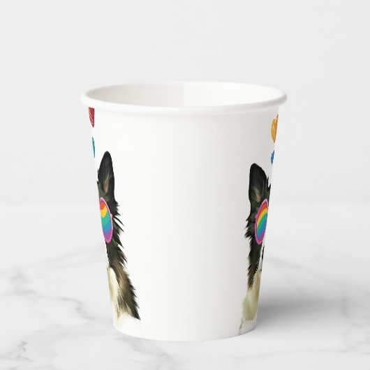 Gobelets En Papier Frontière Collie Chien avec Coeurs Saint-Valentin (Gauche)