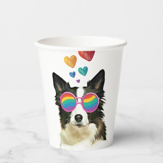Gobelets En Papier Frontière Collie Chien avec Coeurs Saint-Valentin (Recto)