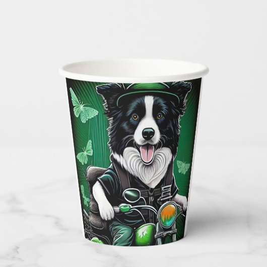 Gobelets En Papier Frontière Collie Chien Conduite Vélo St. Patrick's (Verso)