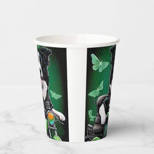 Gobelets En Papier Frontière Collie Chien Conduite Vélo St. Patrick's (Gauche)