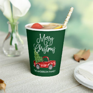 Gobelets En Papier Fun Calligraphie Vintage Camion Noël Vert
