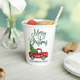 Gobelets En Papier Fun Calligraphie Vintage Camion Vert Noël