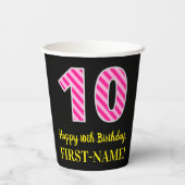 Gobelets En Papier Fun Pink Stripes "10" : Joyeux 10e anniversaire + (Verso)