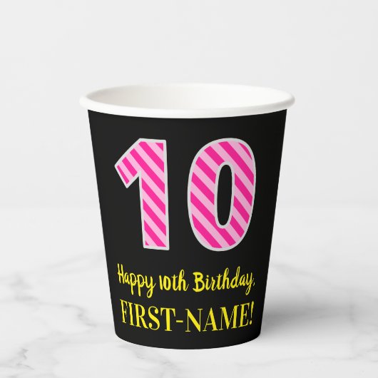Gobelets En Papier Fun Pink Stripes "10" : Joyeux 10e anniversaire + (Recto)