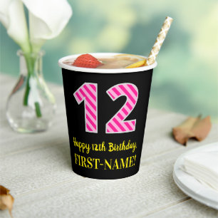Gobelets En Papier Fun Pink Stripes "12" : Joyeux 12ème anniversaire