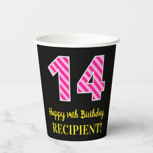 Gobelets En Papier Fun Pink Stripes "14" : Joyeux 14ème anniversaire  (Verso)