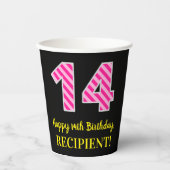 Gobelets En Papier Fun Pink Stripes "14" : Joyeux 14ème anniversaire  (Recto)