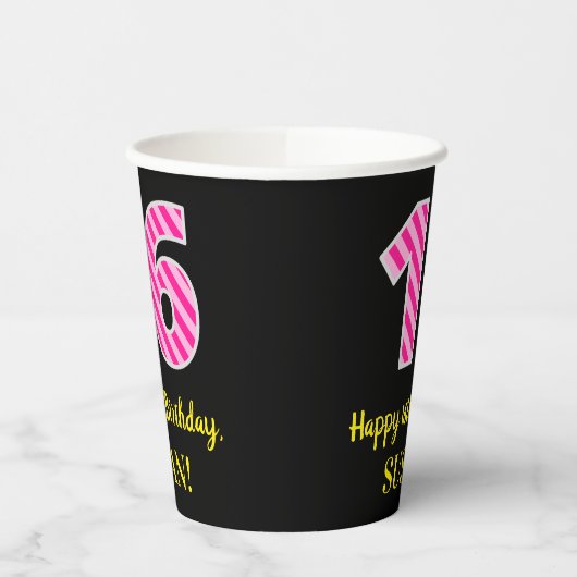 Gobelets En Papier Fun Pink Stripes "16" : Joyeux 16ème anniversaire (Gauche)