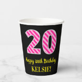 Gobelets En Papier Fun Pink Stripes "20" : Joyeux 20e anniversaire +  (Verso)