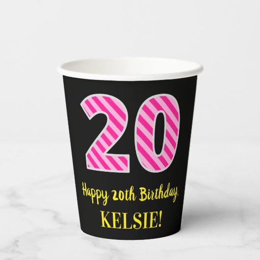 Gobelets En Papier Fun Pink Stripes "20" : Joyeux 20e anniversaire +  (Verso)