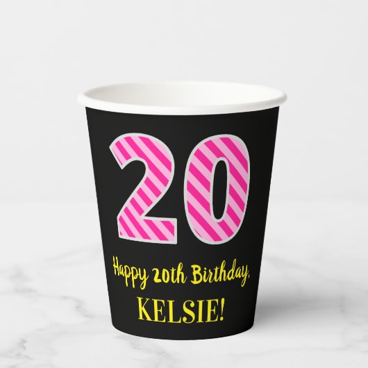 Gobelets En Papier Fun Pink Stripes "20" : Joyeux 20e anniversaire +  (Recto)