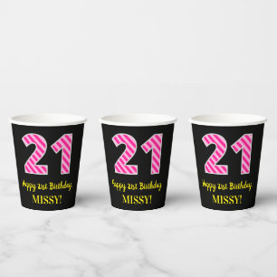 Gobelets En Papier Fun Pink Stripes "21" : Joyeux 21ème anniversaire
