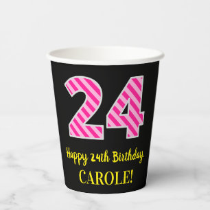 Gobelets En Papier Fun Pink Stripes "24" : Joyeux 24ème anniversaire