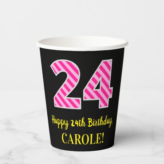Gobelets En Papier Fun Pink Stripes "24" : Joyeux 24ème anniversaire  (Verso)