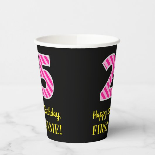 Gobelets En Papier Fun Pink Stripes "25" : Joyeux 25ème anniversaire  (Gauche)