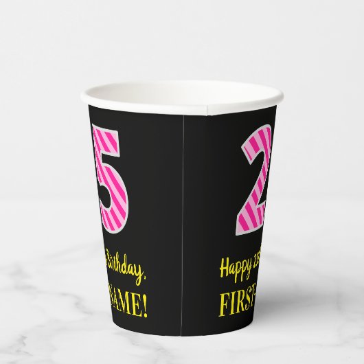 Gobelets En Papier Fun Pink Stripes "25" : Joyeux 25ème anniversaire  (Droite)
